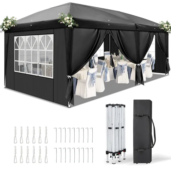 10'x20' Instant Pop Up Canopy Tent Black, 6 Panels 2 Doors 4 Mesh Windows, 28 And 22mm Powder Coated Steel Frame, 10x20mm Crossbar, 210D Oxford Folding Outdoor Tent With Carry Bag No Sandbags
