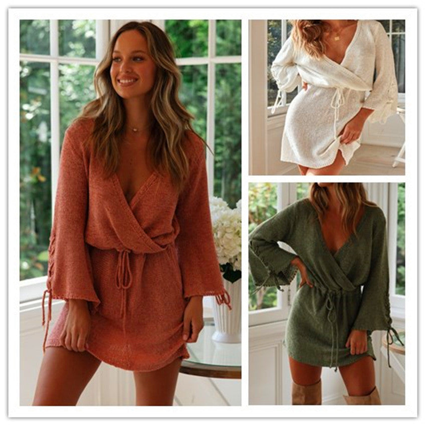 Loose V-neck knitted lace-up long sleeve dress