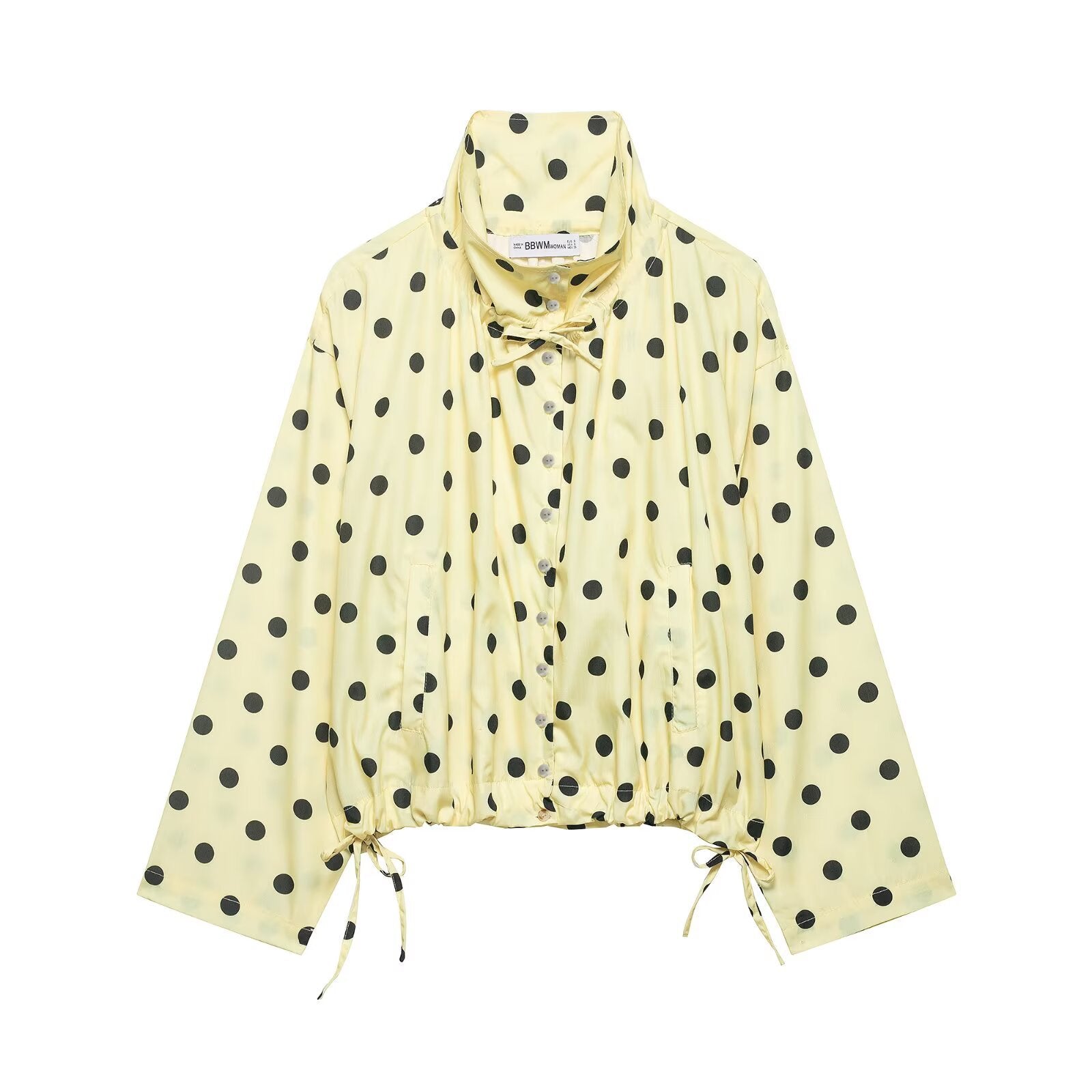 Single-breasted Stand Collar Bow-Tied Polka Dot Coat For Women