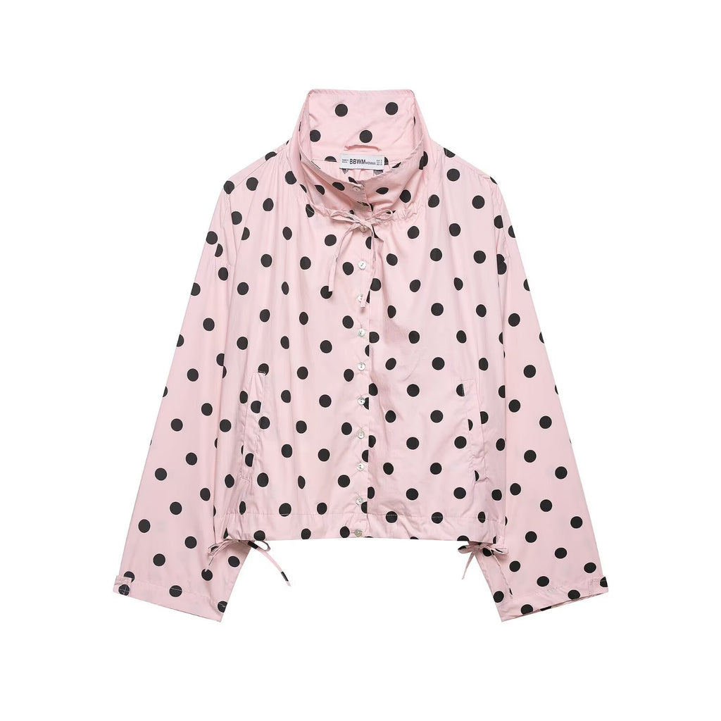 Single-breasted Stand Collar Bow-Tied Polka Dot Coat For Women