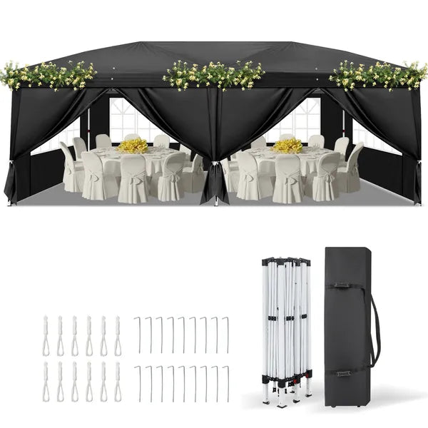 10'x20' Instant Pop Up Canopy Tent Black, 6 Panels 2 Doors 4 Mesh Windows, 28 And 22mm Powder Coated Steel Frame, 10x20mm Crossbar, 210D Oxford Folding Outdoor Tent With Carry Bag No Sandbags