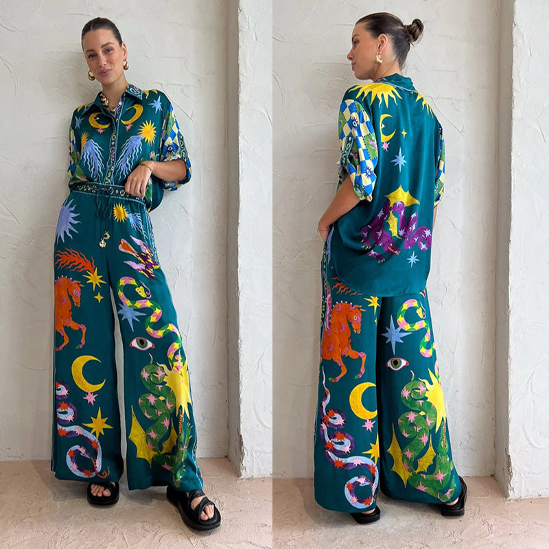 European And American Women's Clothing Southeast Asian Style Fashion Printed Casual Suit
