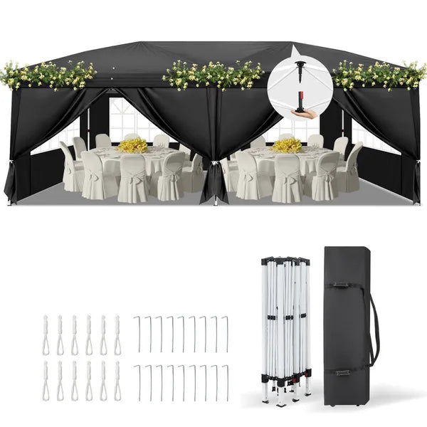 10'x20' Instant Pop Up Canopy Tent Black, 6 Panels 2 Doors 4 Mesh Windows, 28 And 22mm Powder Coated Steel Frame, 10x20mm Crossbar, 210D Oxford Folding Outdoor Tent With Carry Bag No Sandbags
